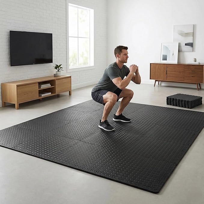 BalanceFrom Puzzle Exercise Mat 3/4" Thick, EVA Interlocking Foam Floor Tiles for Home Gym, Mat for Home Workout Equipment, Floor Padding for Kids, Black, 24 in x 24 in x 3/4 in, 96 Sq Ft - 24 Tiles | Tiles for Home Gym, Studio, or Playroom Flooring, B...