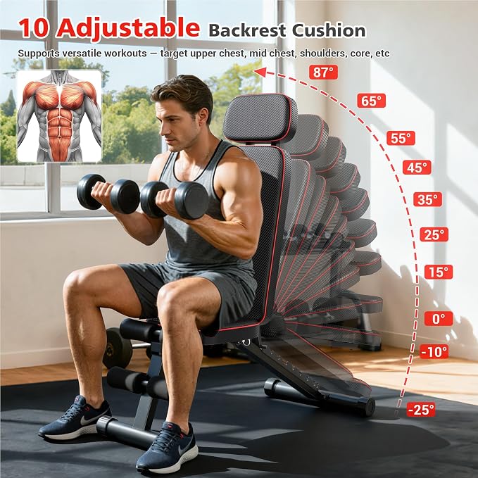 XDDIAS Workout Bench, 10 Backrests Adjustable Weight Bench with Extended Headrest, 800LBS Foldable Weight Bench for Home Gym, Incline Decline Flat Bench Compact for Small Space Training