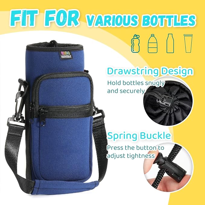 Nuovoware Water Bottle Carrier Bag, 25oz/32oz, Navy blue | Adjustable Shoulder Hand Strap, 2 Pocket, Neoprene Sleeve, For Hiking Travelling Camping