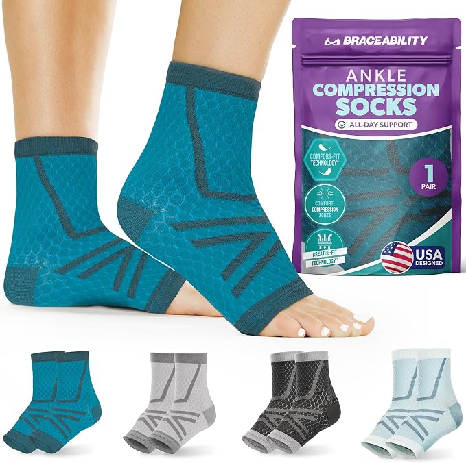 BraceAbility Athletic Ankle Compression Socks for Men or Women - Toeless Running Ankle Brace Support Sleeves for Sports, Workout, Plantar Fasciitis, Achilles Tendonitis, Foot Pain Relief (S - Teal)