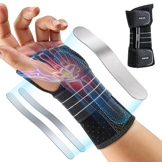 Rakiie Carpal Tunnel Wrist Brace Left Hand, Adjustable Night Wrist Support with 3 Metal Splints, Hand Brace for Men Women No Pressure on Thumb, Splint Stabilizer for Work, Arthritis, Gray Large