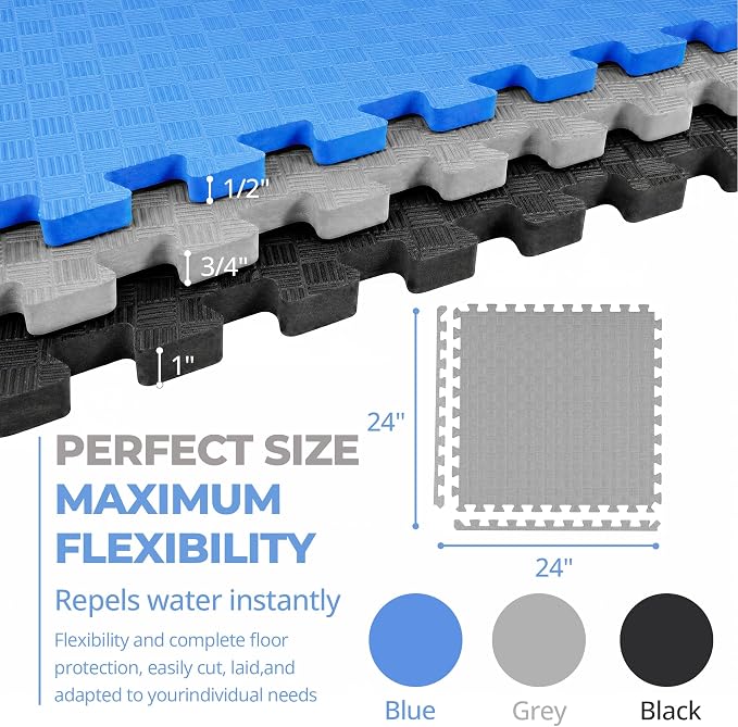 HulkFit Puzzle Exercise Mat, 1 Inch EVA Interlocking Foam Floor Tiles Workout Mat for Home Gym Equipment, MMA, Gymnastics, Shock-Absorbing Workout Mat for Garage Flooring and Apartments, 6 Tiles
