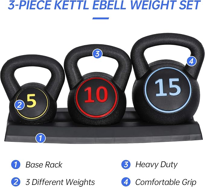 3-Piece Kettlebell Set, Exercise Fitness Weight Set with Base Rack for Home Gym, Home Workouts, Strength Training, Include 5 lbs, 10 lbs, 15 lbs