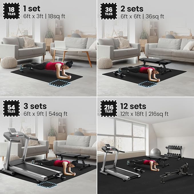 bemaxx Gym Mats Set - 54 pcs EVA Interlocking Foam Floor Tiles (12.6"x12.6"x0.4") 54sqft Protective Gym Flooring Sports Home Workout Exercise Mats Puzzle Garage Fitness Play-Room Pool Treadmill Bike