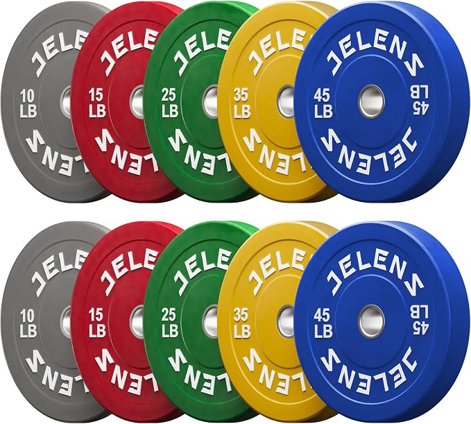 JELENS Olympic Barbell Weight Plates Set, 2-Inch Black/Colored Rubber Bumper Plate Weight Set for Strength Training and Weightlifting, Multiple Options