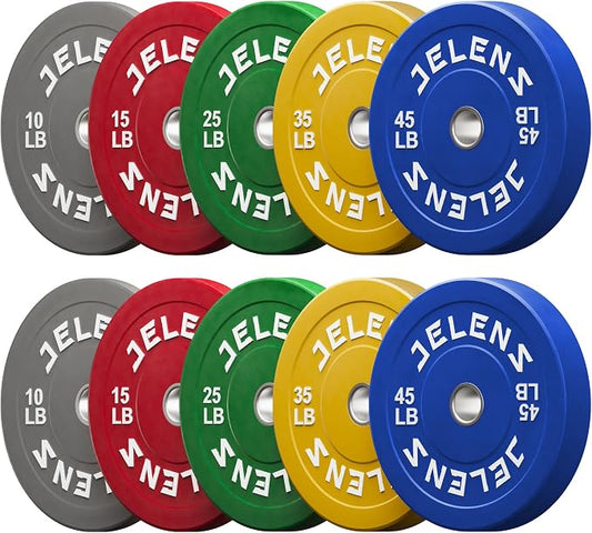 JELENS Olympic Barbell Weight Plates Set, 2-Inch Black/Colored Rubber Bumper Plate Weight Set for Strength Training and Weightlifting, Multiple Options