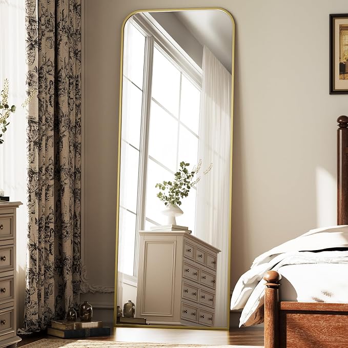 Full Length Mirror 65"x24" Arched Floor Standing Large Mirrors | Full Body Mirror with Stand - with Aluminum Frame for Bedroom Living Room, Gold