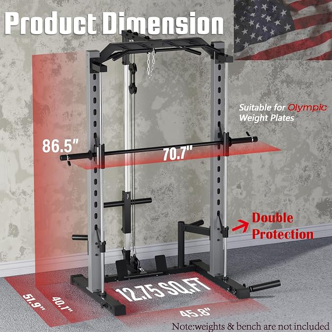 OPPSDECOR All-in-One Adjustable Smith Machine with LAT-Pull Down System | Multi-Function Power Cage for Home Gym Cable Crossover Squat Rack of Workout Machine Training Equipment with Attachments