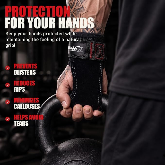 Weight Lifting Grips with D-Ring, Leather Palm and Wrist Support | Grip support for pulling workouts, less palm strain, D-ring cable options, padded wrist support