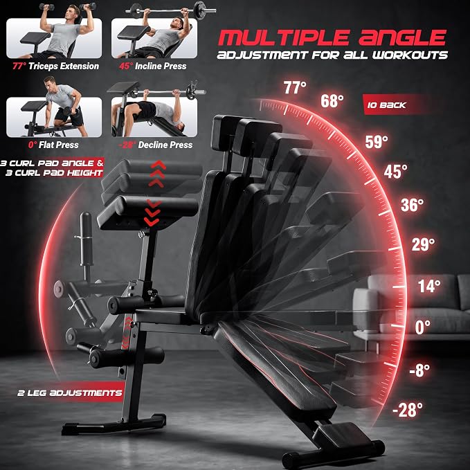 ANCHEER Adjustable Weight Bench with Leg Extension and Leg Curl, 800LB Foldable Workout Bench with Extended Headrest for Home Gym Strength Training, Incline Decline Flat Preacher Bench Press