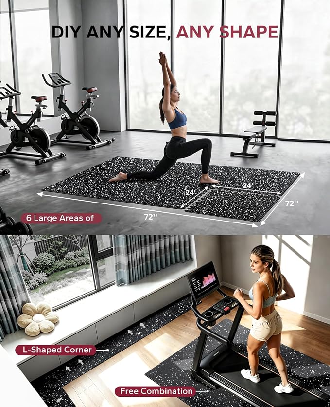 HAPBEAR 0.56'' Thick 12 Pcs 48 Sq Ft Exercise Equipment Mats - High-Density Rubber Top EVA Foam Interlocking Mats, 24x24in Tiles, Heavy-Duty Treadmill Mat for Hardwood Floors, Home Gym Mat