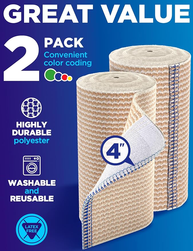 Premium Elastic Bandage Wrap - 4” (2pk) - Self-Closing Compression Bandage | Reusable Bandage Wrap for Leg, Ankles, Wrists, and Knees - For First Aid Kit and After Surgery Recovery - Latex Free