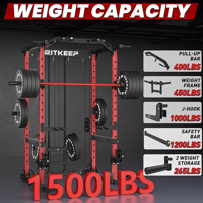 RitKeep Power Rack M10 with Pulley System & LAT Pull Down for Home Gym | Multi-Function Squat Rack with 1500LB Capacity, Pull-Up Bar & J-Hooks plus 11 Attachments for Strength Training