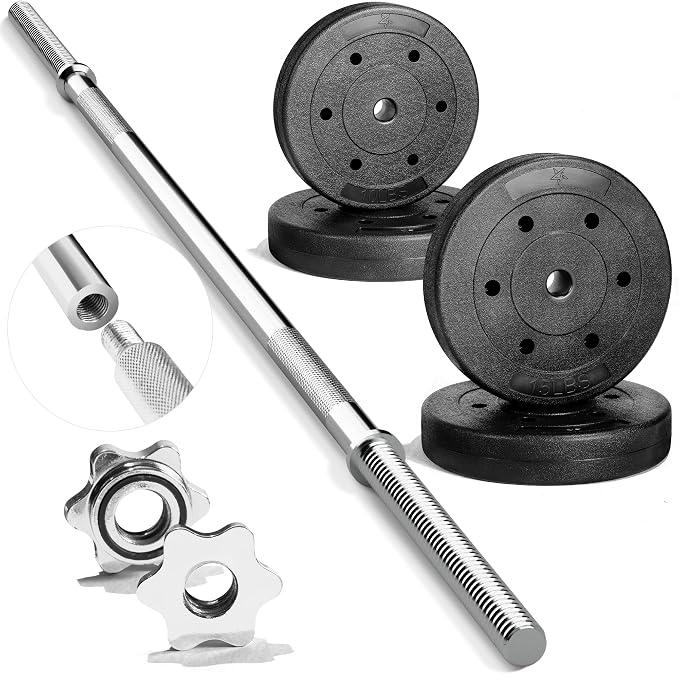 Yes4All Standard Straight Barbell 60" & EZ Curl Bar 47", Capacity 200 to 480 LB, Weight Bar 1" to 2" Diameter - Star Lock Collars, Rubber Ring, Barbell Spins Included for Deadlifts & Squats