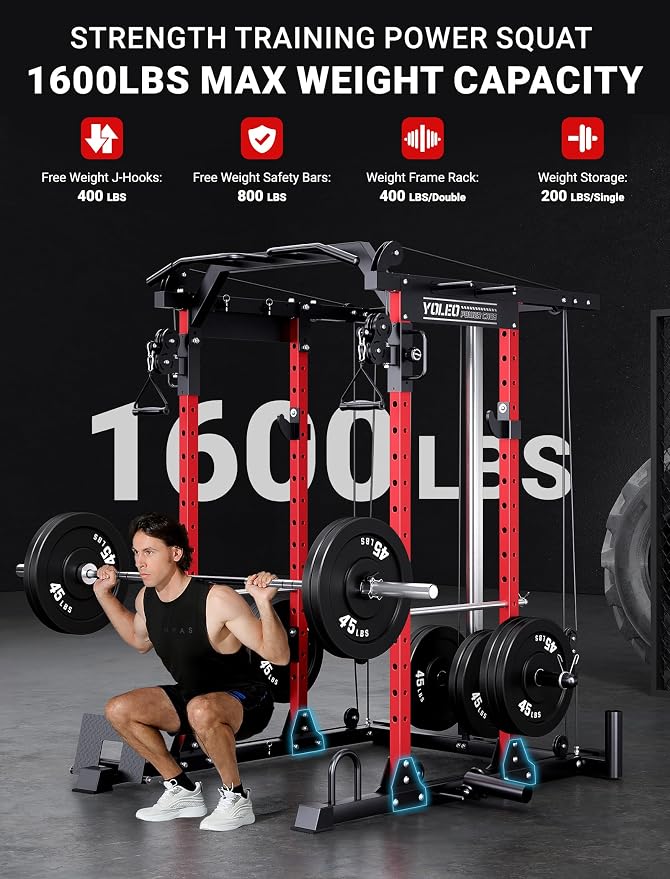 YOLEO Smooth Pulley System Power Cage, Adjustable Cable Crossover Power Rack, Multi-Functional Cable Machine for Home Gym