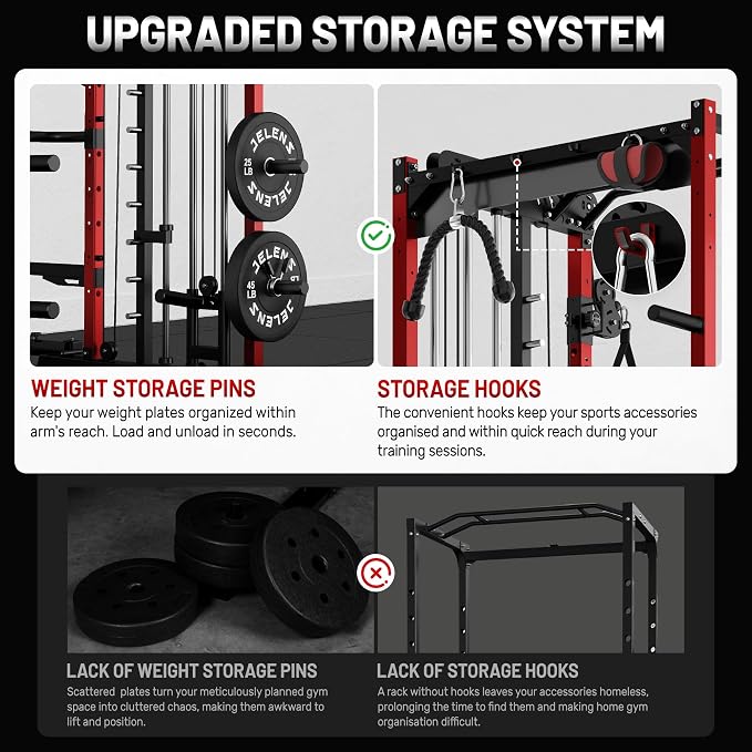 JELENS Smith Machine for Home Gym, Multi-Function M12 Power Cage with Cable Crossover System, Squat Rack with Smith Bar and More Attachment