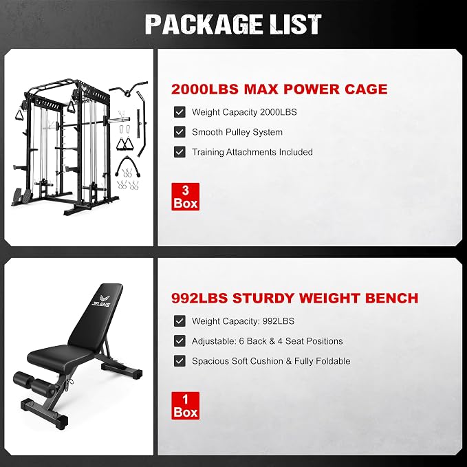 JELENS M21 Smith Machine, Multi-Function Power Cage with Dual Pulley Cable Crossover System, 2000LBS All-in-One Squat Rack with Smith Bar and Attachments for Home Gym