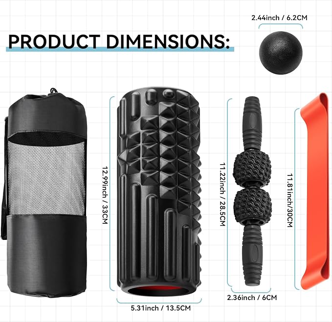 5 in 1 Foam Roller Set, High Density Patented Exercise Roller | Deep Tissue Massage Roller Stick, Massage Ball, Resistance Band for Pilates, Yoga, Whole Body Fitness Exercise, Black