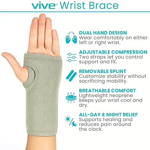 Vive Wrist Brace - Carpal Tunnel Hand Compression Support Wrap for Men | Women, Tendinitis, Bowling, Sports Injuries Pain Relief - Removable Splint - Universal Ergonomic Fit (Gray, Left)
