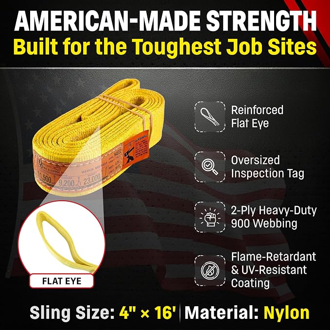 DD Sling 4 Inch x 16 Foot Nylon Lifting Sling – USA Made, 11,500 lb Vertical, 9,200 lb Choker, 23,000 lb Basket – 2-Ply Heavy Duty 900 Webbing, Type 3 Flat Eye & Eye Rigging Sling