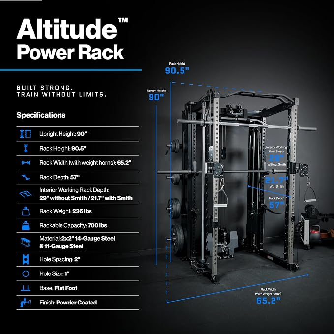 REP Fitness Altitude Power Rack, Modular 6 Post Squat Rack with Cable Pulley and Smith Machine Options, Alloy Steel, 29 Inch Depth