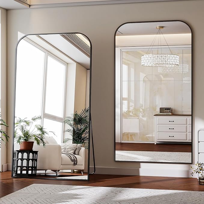 Oversized Full Length Mirror 86"x40" Arched Floor Standing Mirror | Large Full Body Mirrors with Stand - with Aluminum Frame for Bedroom Living Room, Black