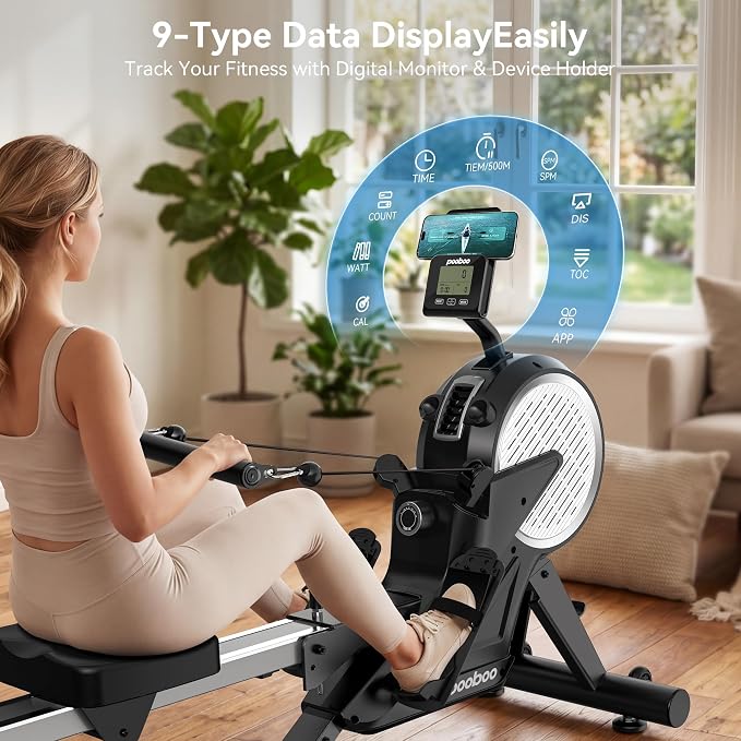 pooboo Dual Scull Rowing Machine with Wind and Magnetic Resistance | 400 LB weight capacity, 14 resistance levels, foldable design, quiet operation and app support for convenient home workouts