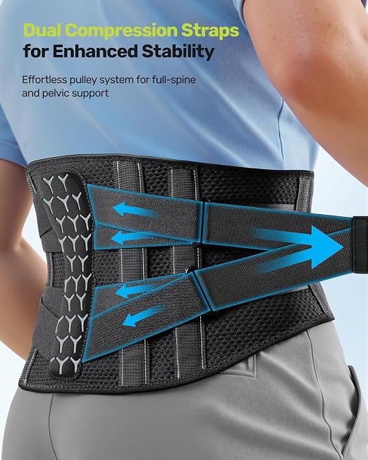 RAKIIE Back Brace for Lower Back Pain Women Men, Ergonomic Support Brace with Lumbar Pad, Adjustable Straps and Soft Breathable Mesh Fabric, Lumbar Support Belt Relief from Sciatica, Gray Size M (Waist: 33.5"-39.4")