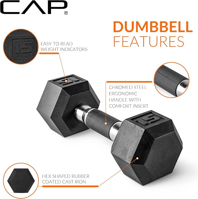 CAP Rubber Coated Hex Dumbbell Set with Storage Rack | 100–210 lb Options, Space-Saving Vertical Compact Storage for Home Gym Strength Training