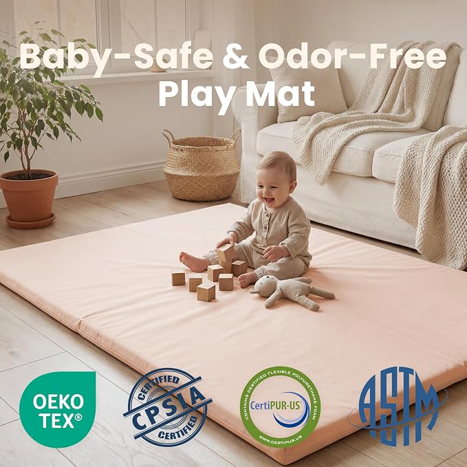 Huloo Sleep Baby Play Mat 74x50 Inches, 1.3" Thick Padded Waterproof Floor Cushion & Playpen Mat with Vegan Leather, Non-Slip & Non-Toxic Nursery Rug for Infants, Toddlers & Kids(Pink)
