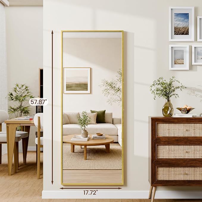 56"×18" Full Length Mirror, 2 Pcs Shatterproof Tempered Glass Floor Mirror, Alum Alloy Thin Frame Standing Mirror with Freestanding/Leaning/Wall Mount for Bedroom, Living Room & Entryway, Gold