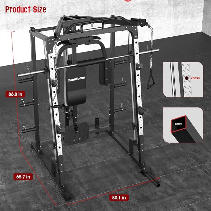 SunHome Smith Machine, 2000LBS Power Cage Squat Rack with Smith Bar, LAT Pull-Down Systems, Cable Crossover Machine for Home Gym