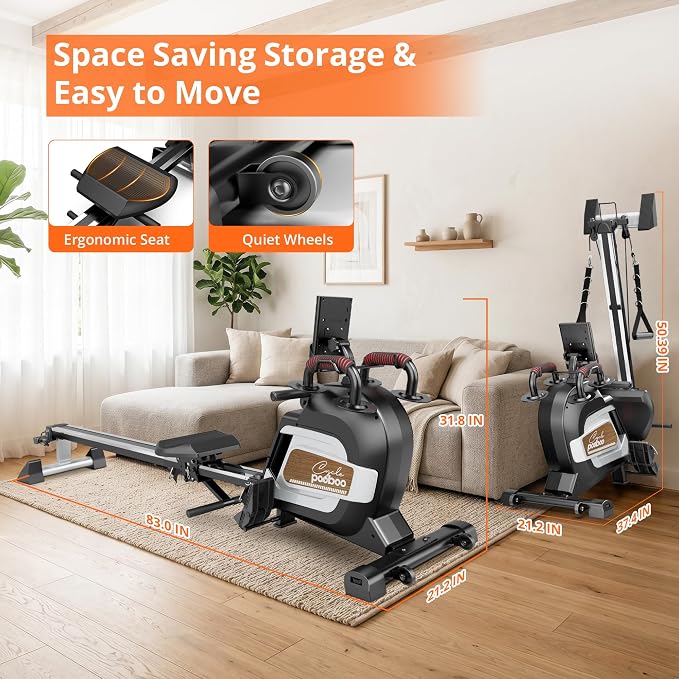 pooboo Magnetic Rowing Machines Rower Foldable with 16 Level Resistance Indoor Rower Machines with Digital Monitor & Transport Wheels for Home Use