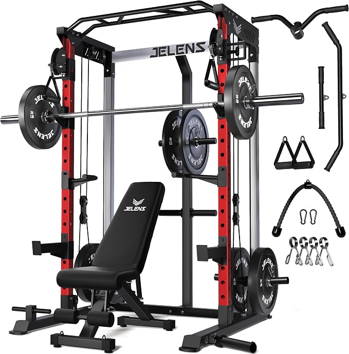 JELENS C21 Power Cage, 2000LBS Multi-Function Power Rack with Independent Dual Pulley System, All-in-One Squat Rack for Cable Crossover, Home Gym Workout Machine