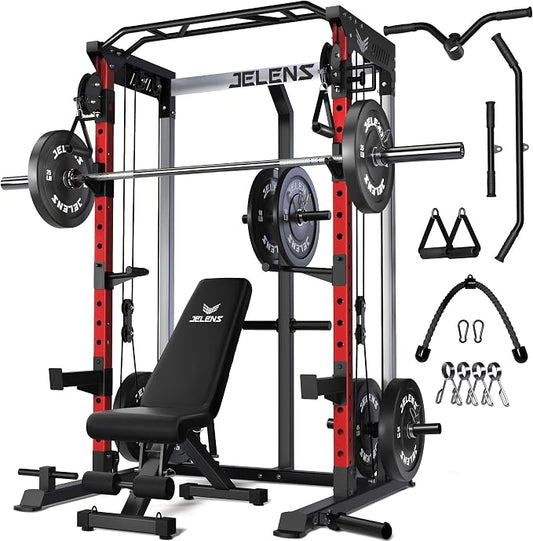 JELENS C21 Power Cage, 2000LBS Multi-Function Power Rack with Independent Dual Pulley System, All-in-One Squat Rack for Cable Crossover, Home Gym Workout Machine