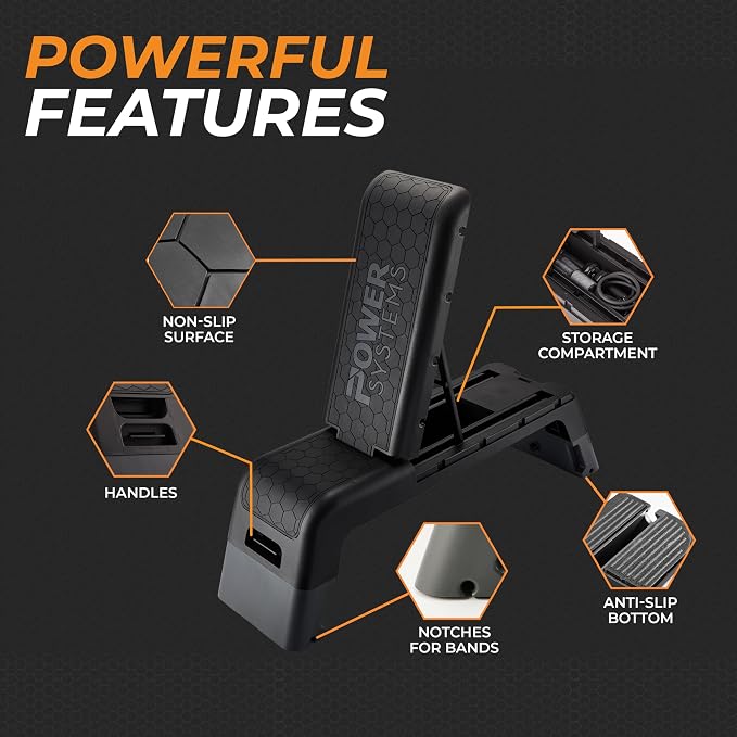 Power Systems Step Bench & Weight Bench | Aerobic Platform & Plyo Box for Cardio, Strength | Commercial Grade Full Body Home Gym Stepper | Adjustable Multifunctional Deck & Resistance Band Clips
