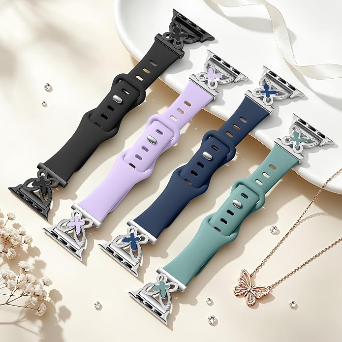 Lerobo Slim Silicone Band Compatible with Apple Watch Bands for Women | Dressy Metal Butterfly 16mm Thin Strap for iWatch Series 11 10 9 8 7 6 5 4 SE Ultra 38mm 40mm 41mm 42mm 44mm 45mm 46mm 49mm