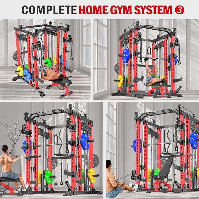Multi-Purpose Squat Rack,Smith Machine Weight Rack Set with Cable Crossover System, Home Gym Power Racks, Power Racks and Packages