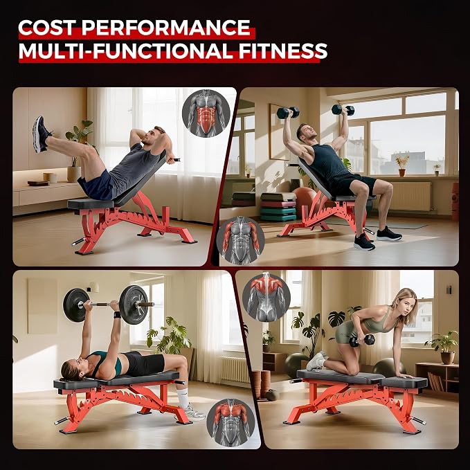 Weight Bench, Adjustable Workout Bench for Home Gym Full Body Workout, 1300LBS Weight Capacity Bench Press, Flat/Incline Bench with 33" Extra-Long Backrest & Wheels