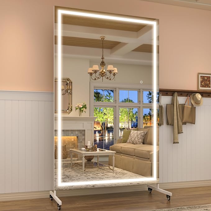 Hasipu 67" x 40" LED Full Length Mirror on Wheels, 360° Swivel, White | 3-color dimmable brightness, tempered glass & metal frame, lockable wheels, sturdy stand, for gym, yoga, studio & bedroom.