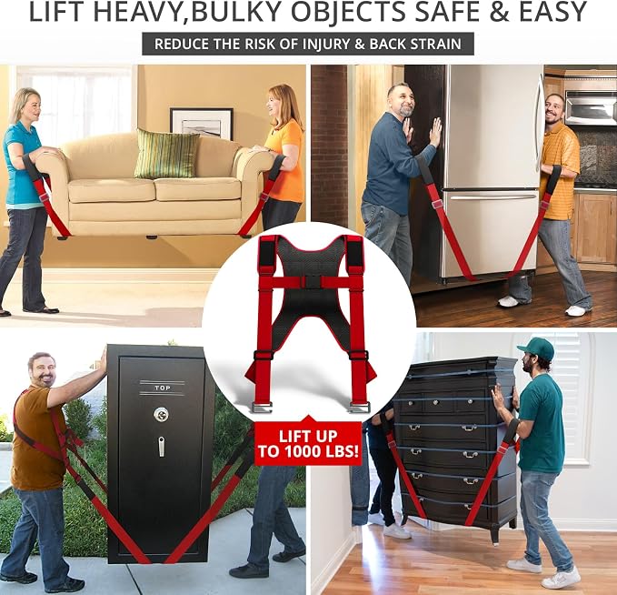 X-Protector Moving Straps - 2 Pairs - Red Lifting Straps for 2 Movers | Move Furniture Easily and Safely - Perfect for Lifting & Moving Heavy Objects (Adjustable Length 50-118”, with Back Support)