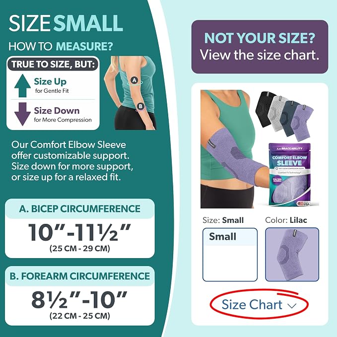BraceAbility Elbow Compression Sleeve for Bursitis - Olecranon Elbow Brace for Tendonitis, Tennis Elbow, Golfers Elbow, Arthritis, Elbow Pain Relief Arm Sleeve for Women and Men (S - Lilac)