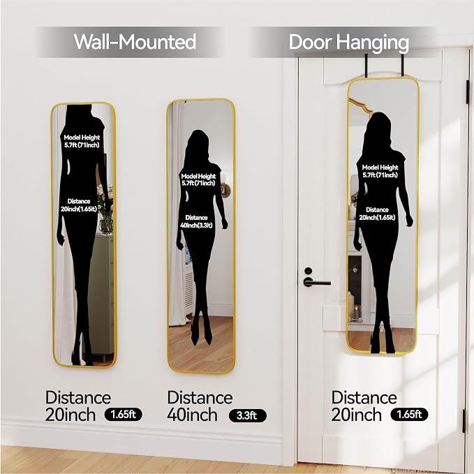 SCWF-GZ 47x14 Mirror Full Body Length Door Hanging/Rope Hang/Wall Mounted Metal Frame Rectangle Mirrors for Bedroom Bathroom Dressing Living Room 47 inch Gold