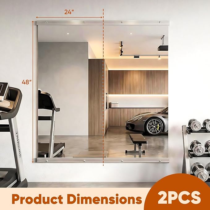 Home Gym Mirror, 48" x 25" - 2PCS, Large Full Length Mirror Wall Mounted for Yoga, Frameless Tempered Glass Wall for Home Gym, Dance Studio, Living Room, Bathroom