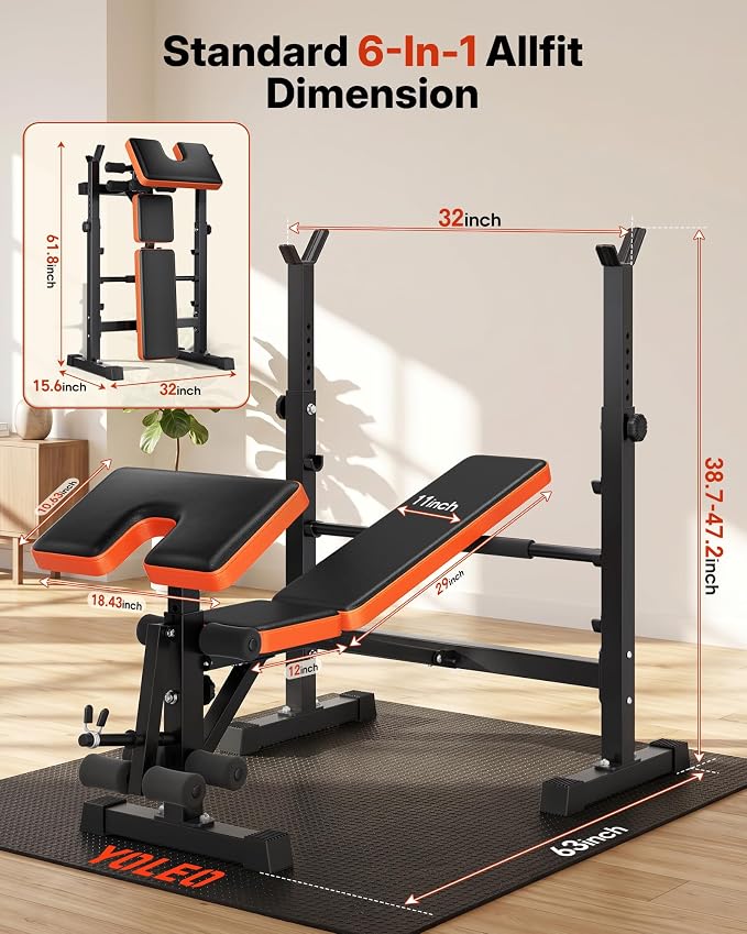 YOLEO Foldable Weight Bench for Small Home Gym, 6-in-1 Adjustable Workout Bench with Squat Rack, Compact Strength Training Equipment for Apartment & Garage Workouts