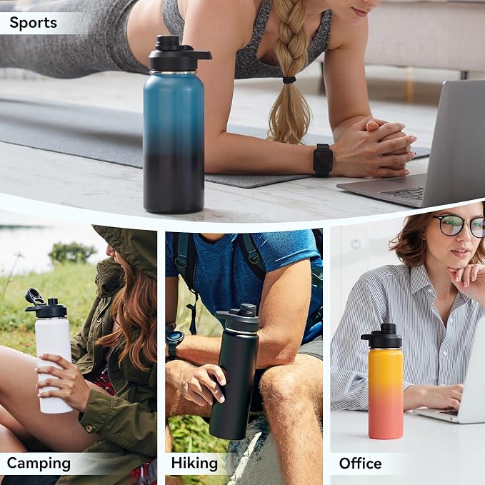 Fijinhom Insulated Water Bottle with Handle, 304 Stainless Steel Water Bottles with Wide Mouth, Double Wall Vacuum Sports Water Bottle, BPA Free, Keep Cold and Hot, 32 Ounces Blue&Black