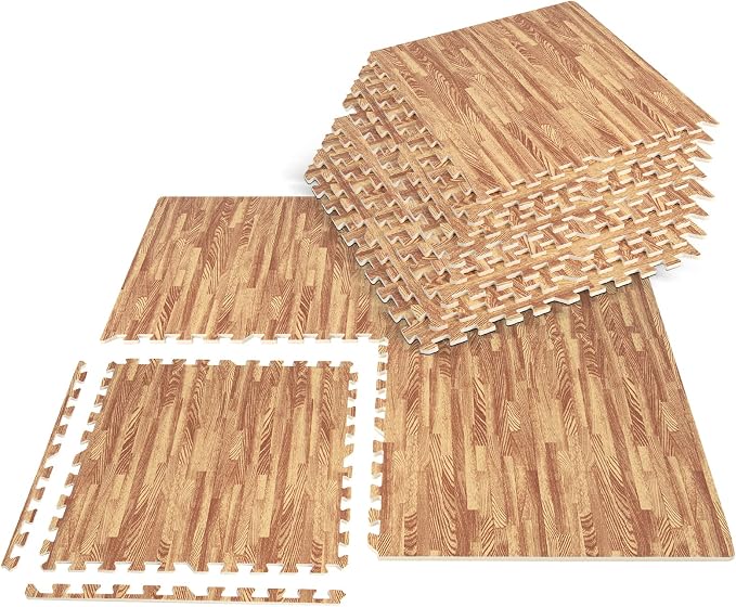 Giantex 12 Pcs Faux Wood Grain EVA Foam Tiles, 24"x24" Interlocking Floor | 48 Sq. Ft Puzzle Exercise Mats with 24 Borders, 0.4" Thick Waterproof Anti-Slip Flooring for Home Gym, Basement, Light Oak