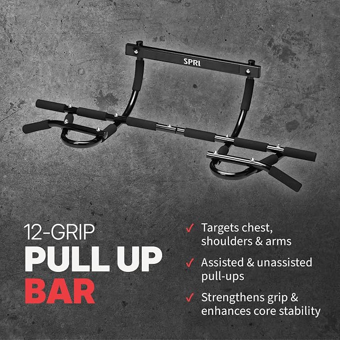 SPRI Pull Up Bar - 8-Grip and 12-Grip Door Frame Mounting Pull-Up Bar for Versatile Workouts - Rugged Steel Frame with Foam Handles - Supports 300 Pounds - Fits Door Frames Up to 32 in. Wide – Black