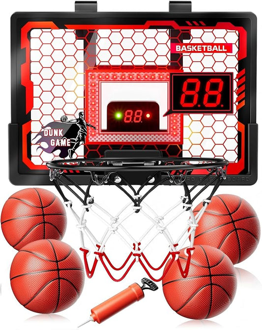 Indoor Basketball Hoop Pro for Kids, Over The Door Basketball Hoop with LED Light/Scoreboard/4 Balls- Upgraded Anti-Impact Backboard, Basketball Toys Gifts for 6 7 8 9 10 11 12 Year Old Boys
