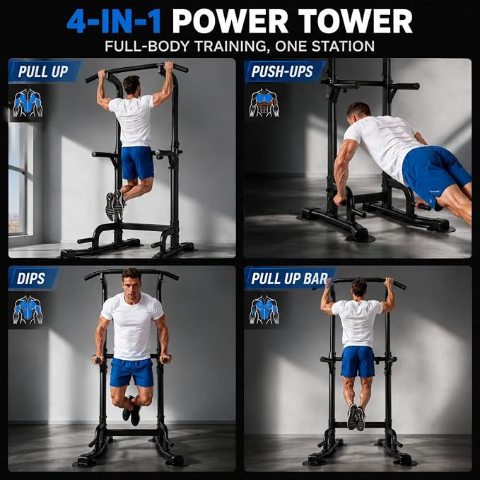 BARWING Pull Up Bar Station, Power Tower, Dip Station with 3D Backrest, Multi-Function Strength Training Stand Rack, Adjustable Height Dip Bar for Home Gym Workout Stand Fitness Exercise Equipment